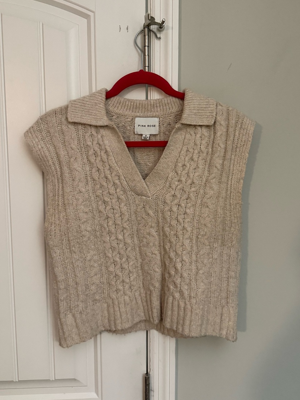 Pink Rose Cream Cable-Knit V-Neck Sweater Vest